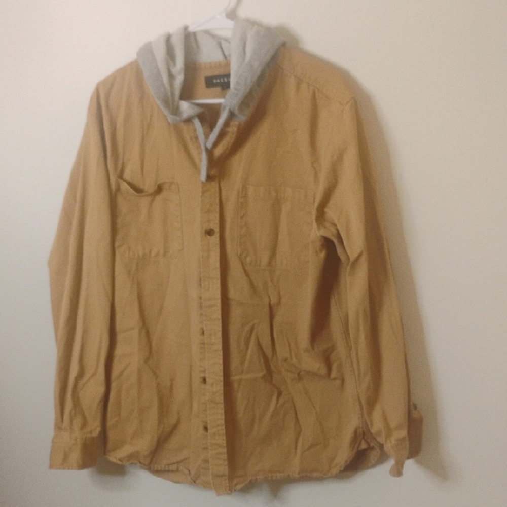 PacSun Camel Shirt Jacket with Soft Gray Hood Mens Size large